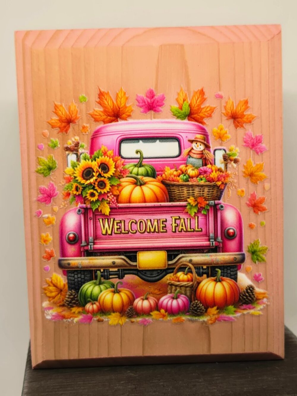 Handcrafted Decor, Mini Wood Sign, Vintage Pink Truck & Pumpkins "Welcome Fall"